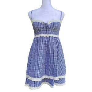 Gingham Eyelet Lace Milkmaid Blue Mini Dress Small Cottagecore A Line Coquette